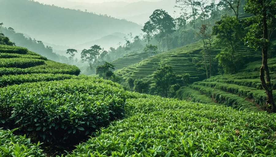 Indian tea farmer inspecting tea leaves at upgraded processing equipment in facility