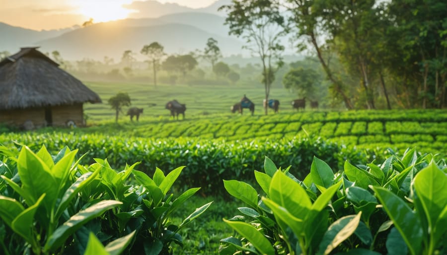 Diverse group of tea farmers from different countries standing together in tea plantation