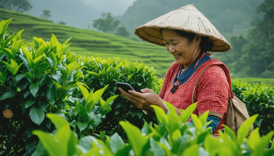 Tea farmer's hands holding cash and mobile phone showing digital banking interface