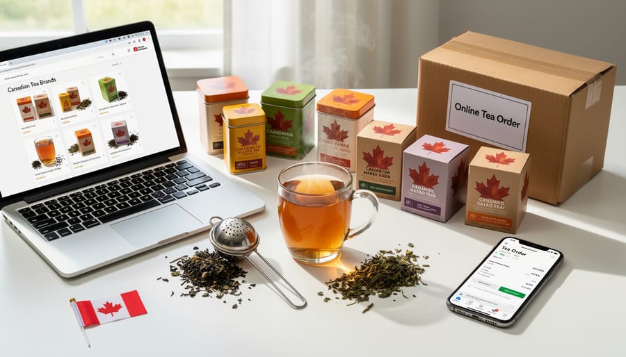 Person browsing online tea shop on smartphone with loose-leaf tea packages and teacup on wooden table