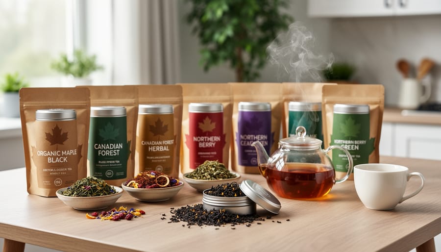 Assortment of loose-leaf tea varieties displayed in wooden spoons and ceramic bowls on maple wood surface