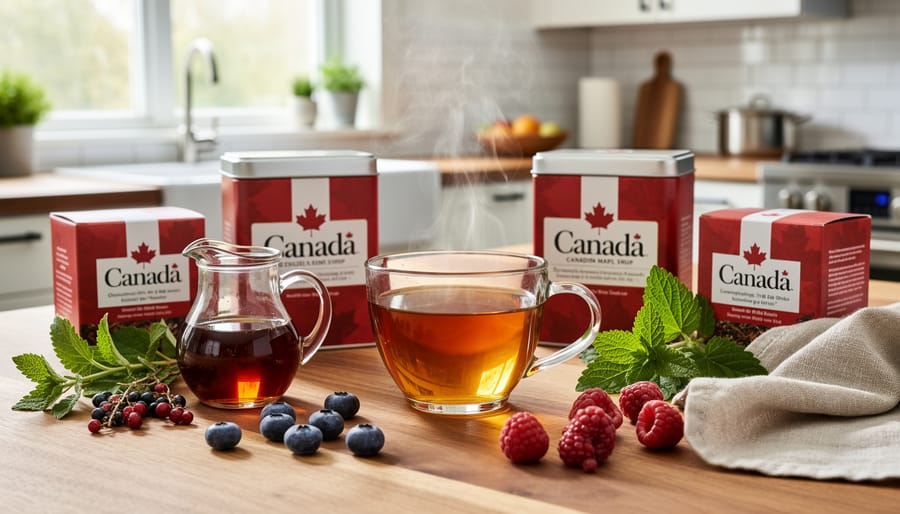 Maple syrup being poured into herbal tea with wild berries and herbs on slate surface