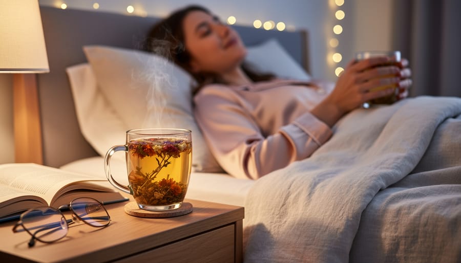 Person holding a mug of chamomile tea in a warm, relaxing evening room with lavender nearby