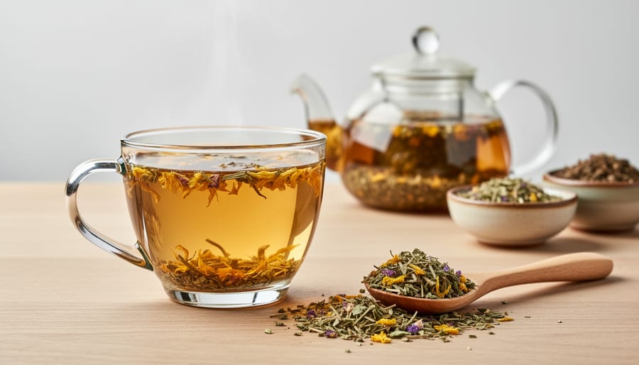 Cup of amber herbal tea with dried chamomile, peppermint, and ginger arranged on a wooden table
