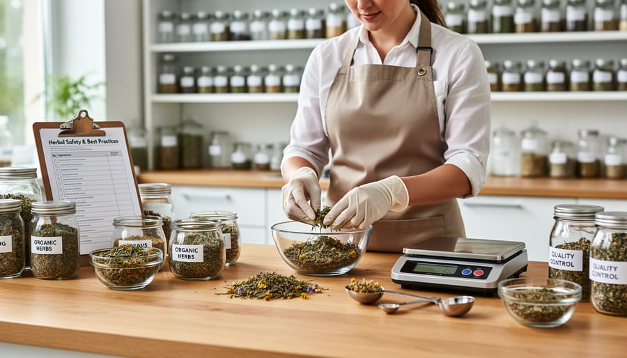 Gloved hands preparing dried echinacea and elderberry for herbal tea in a glass teapot