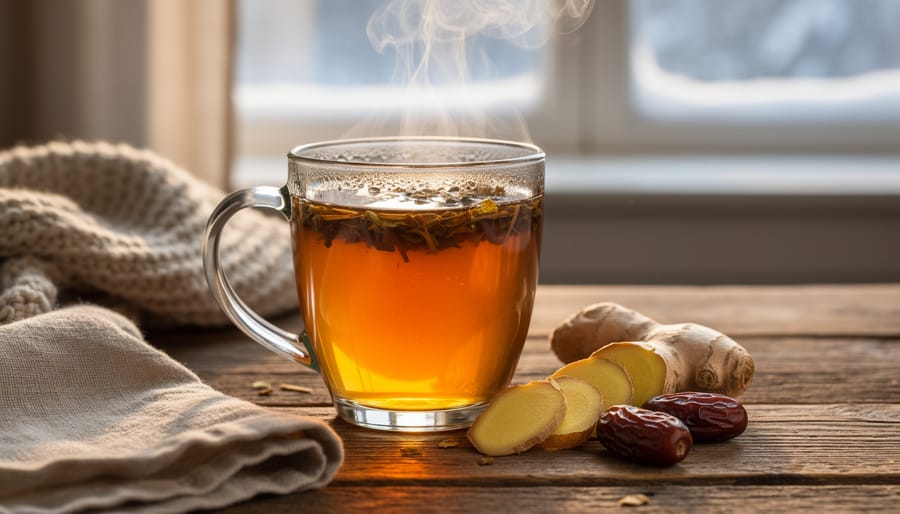 A cup of ginger-date herbal tea with ginger slices and red date pieces on a wooden table