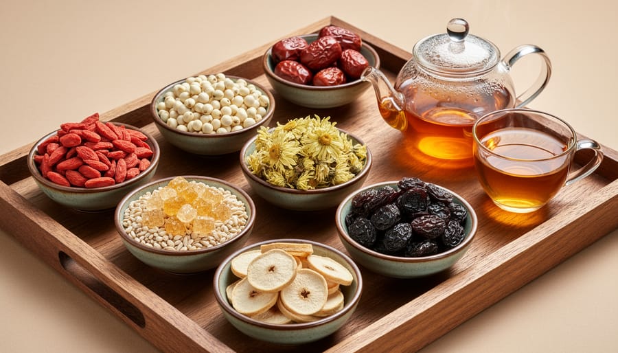 A wooden tray of dried goji berries, red dates, longan, rock sugar, and dried flowers with an amber herbal infusion