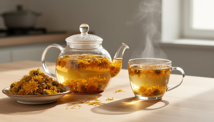 Chrysanthemum herbal tea in glass cups with floating chrysanthemum petals on a traditional Chinese tea table