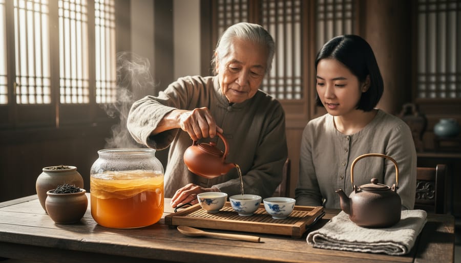 Porcelain teapot and green tea leaves on a wooden table in a misty countryside setting with tea being poured.