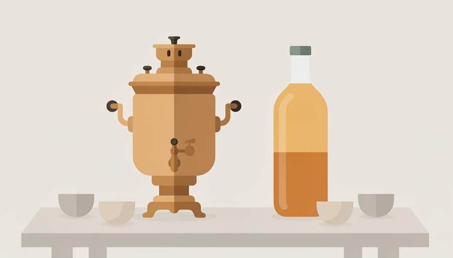 Samovar and glass bottle of amber kombucha on a wooden sideboard with soft steam rising.