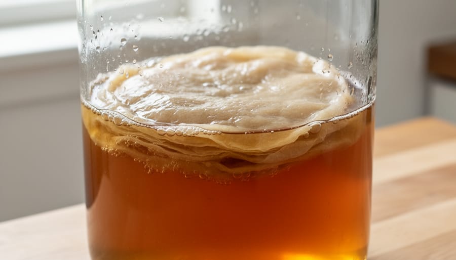 Amber kombucha tea in a glass jar with a floating SCOBY disc.
