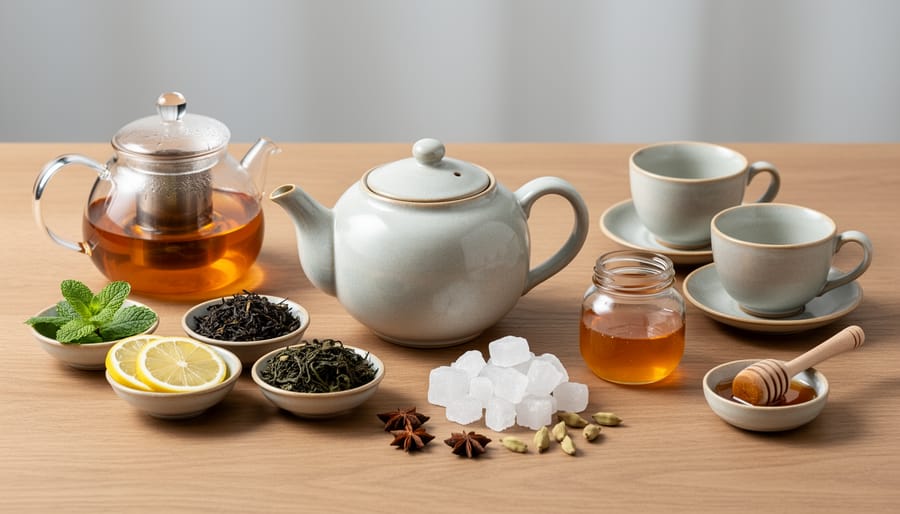 Porcelain teapot, cups, tea leaves, and preserves arranged on a tray for making afternoon tea.