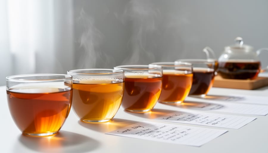 Amber oolong tea infusions in small cups on a wooden tray