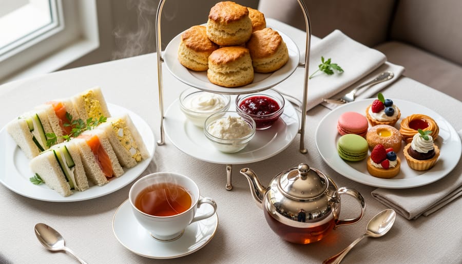 Three-tier afternoon tea stand with finger sandwiches, scones with clotted cream and jam, and assorted pastries next to steaming tea cups.