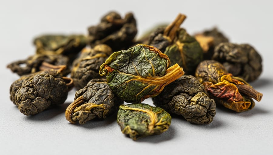Macro close-up of dry oolong tea leaves with mixed green and brown tones above a gaiwan