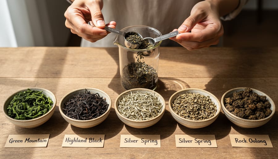 Hands portioning Japanese tea leaves into a ceramic bowl for blending