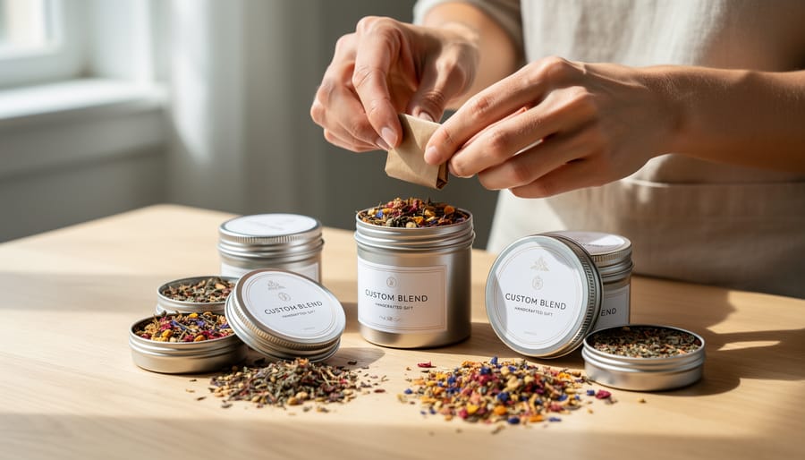 Hands filling a metal tin with loose holiday tea blend ingredients while preparing for gifting.