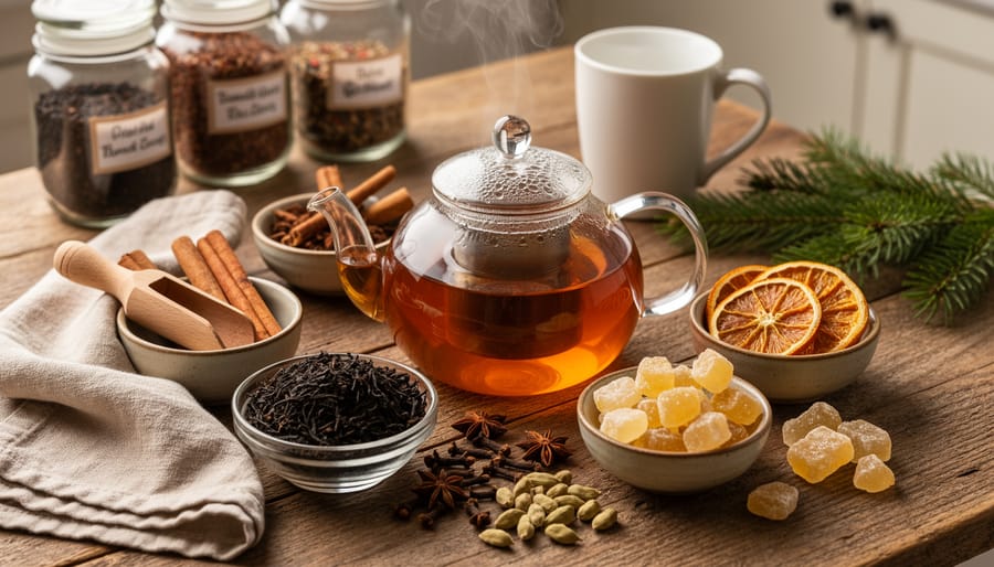 Ceramic bowl and wooden workspace filled with loose tea leaves, cinnamon sticks, orange peel, and star anise.