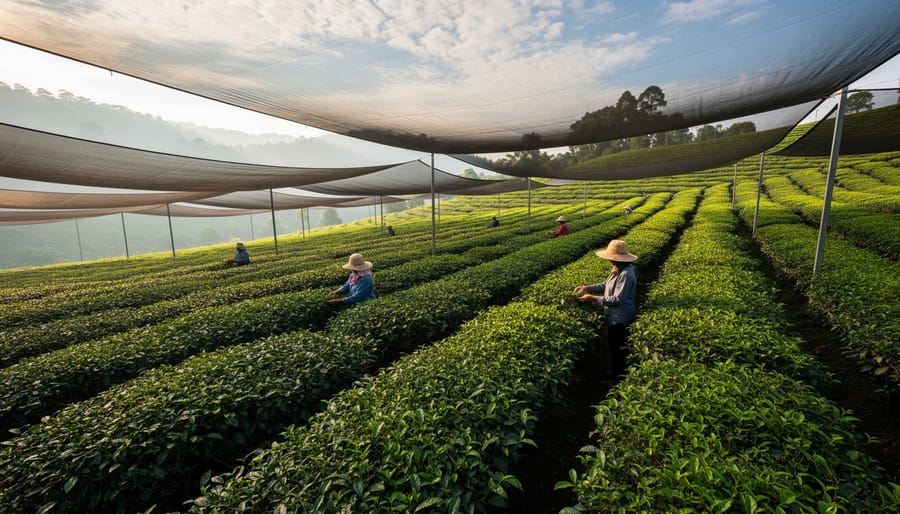 Shaded tea plants growing in neat rows on a Japanese tea farm under shade cloth