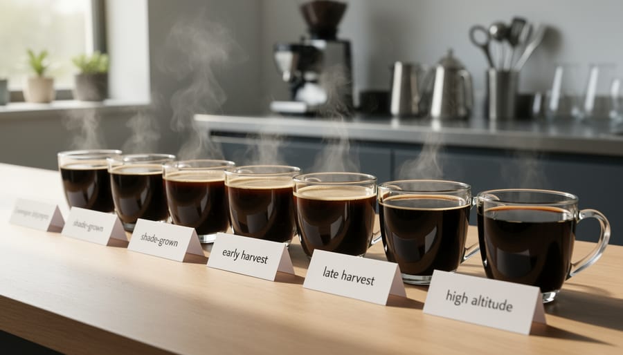 Test cups of brewed Japanese green tea during a blending tasting