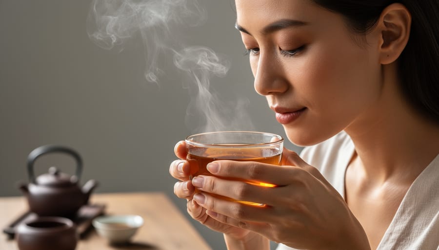 Person holding a cup of tea near the face while a scone sits on a plate in the background.