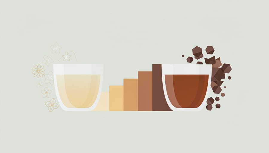 Three small cups of oolong tea with different amber tones arranged on a slate surface