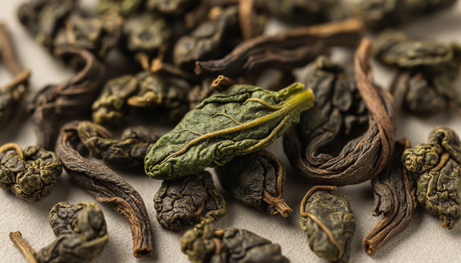 Close-up of dry oolong tea leaves spilling into a gaiwan