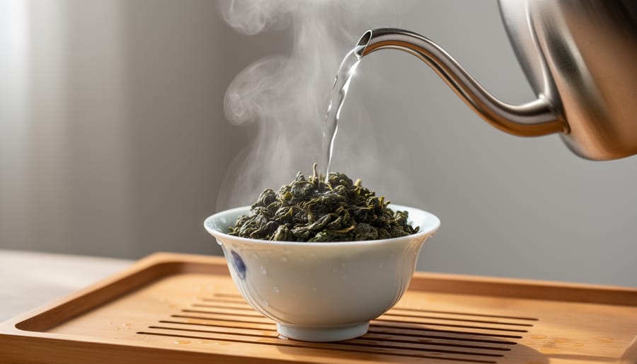 Steaming water being poured from a kettle into a porcelain gaiwan on a wooden tea tray