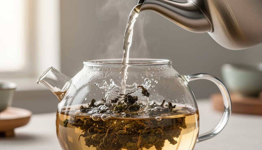 Hands pouring hot water into a gaiwan filled with oolong tea
