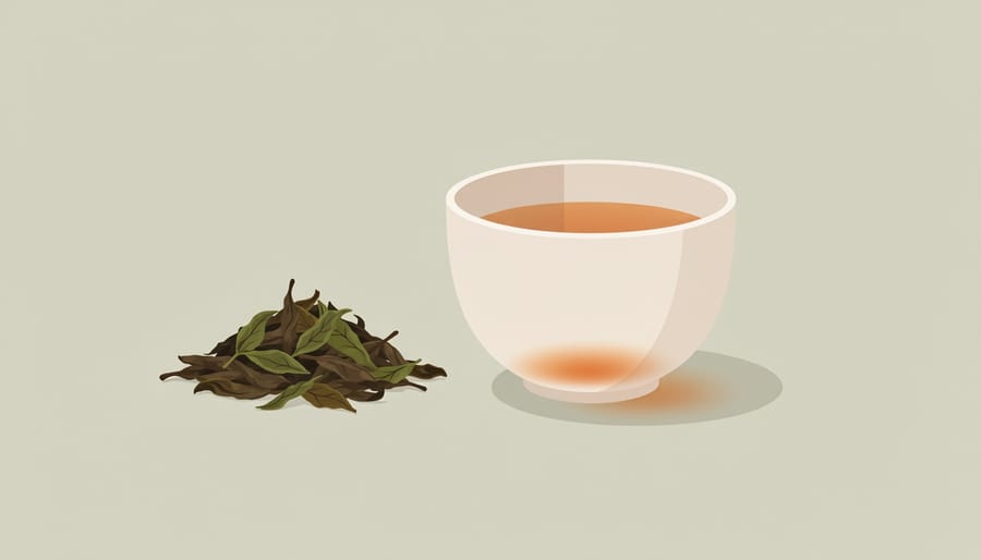 Spent oolong tea leaves beside an empty gaiwan and a finished cup of tea